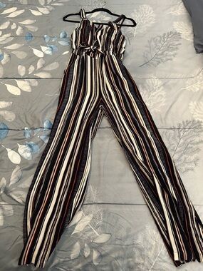 EUC Derek Heart Striped Jumpsuit in Black, Cream & Tan Sz S